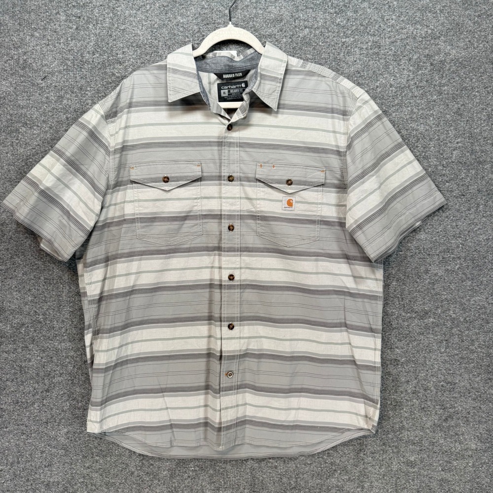 Carhartt Button Down Shirt Mens XL Gray Striped Rugged Flex Relaxed Fit Workwear